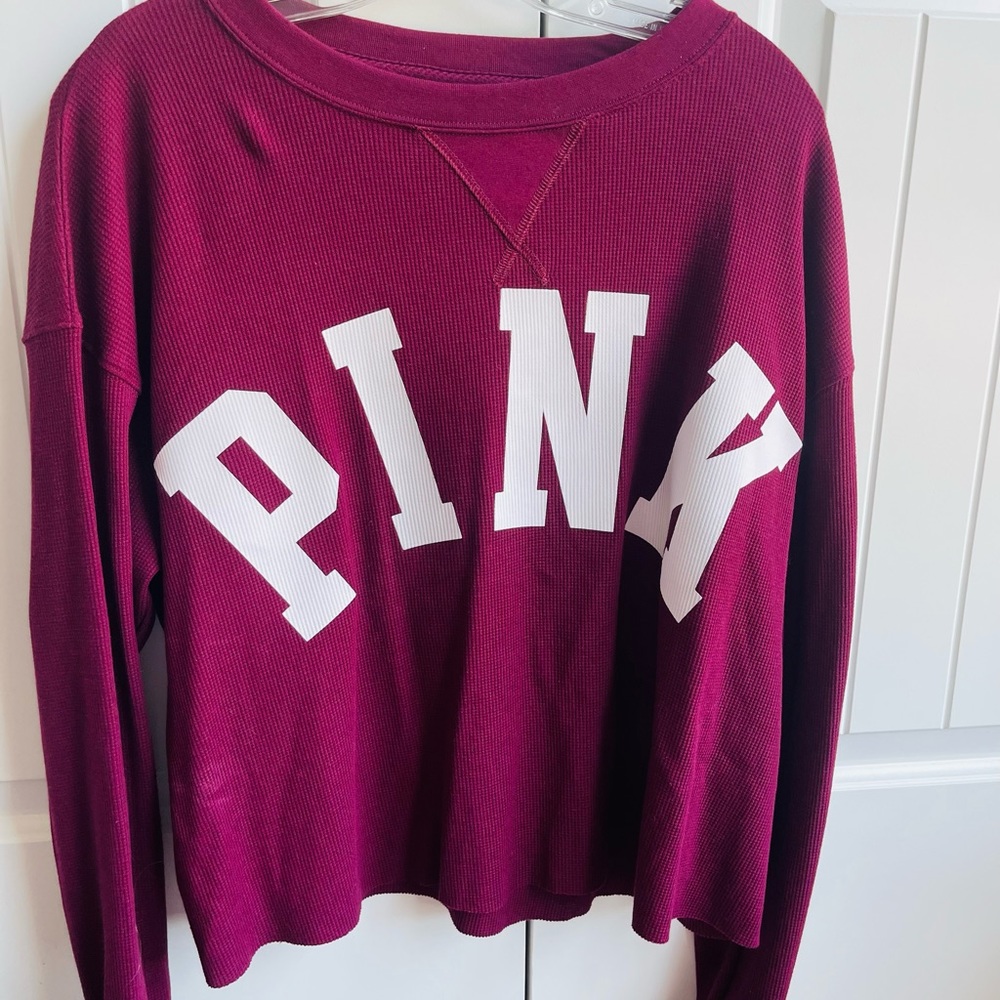 PINK Long Sleeve Cropped Waffle Top